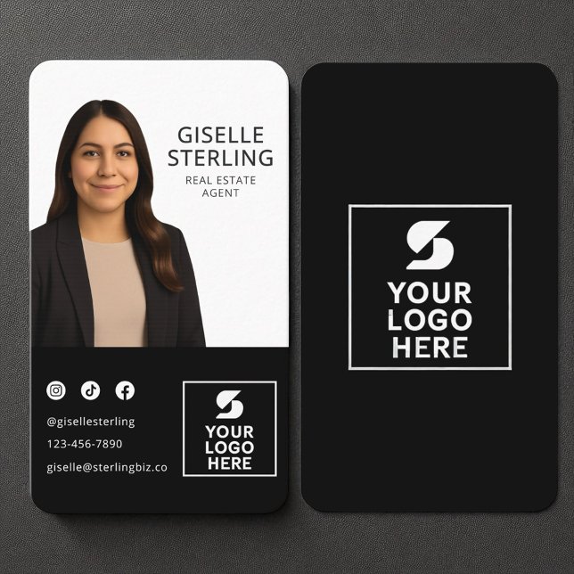Carte De Visite Agent immobilier noir blanc logo photo Portrait (Créateur téléchargé)