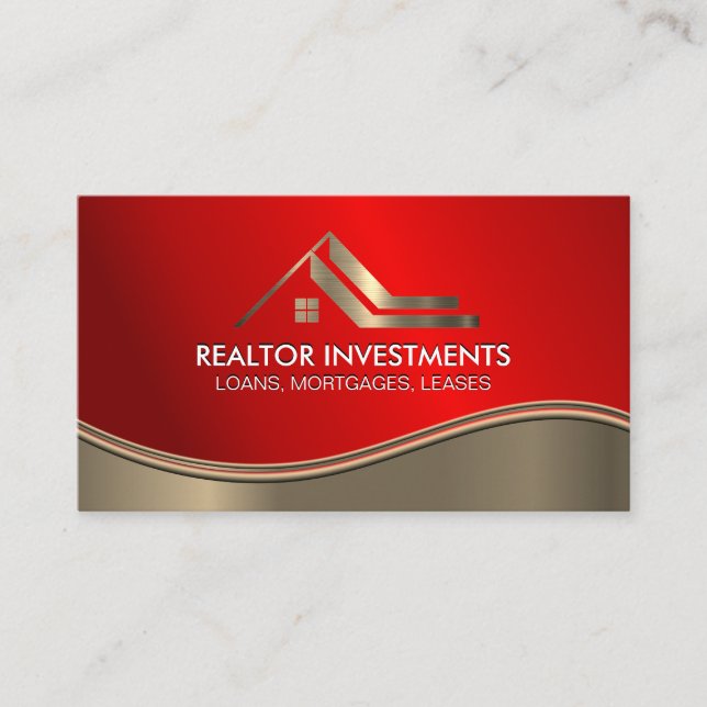 Carte De Visite Agent immobilier | Or Ruby Red Metallic Wave (Devant)