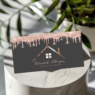 Carte De Visite Agent immobilier paillettes rose gold gouttes