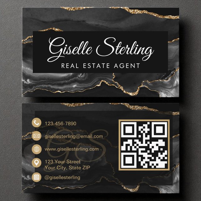 Carte De Visite Agent immobilier QR Code Black Gold Agate Luxe (Créateur téléchargé)