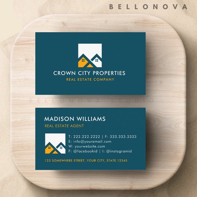 Carte De Visite Agent immobilier Turquoise vert jaune jaune (Custom Teal Green White Yellow Real Estate Agent Business Card)