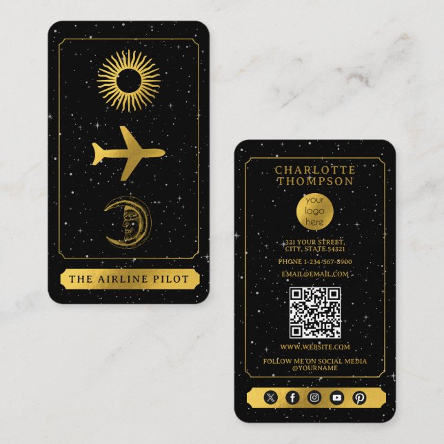 Carte De Visite Agent pilote du logo Tarot céleste Gold Noir (Devant / Derrière)