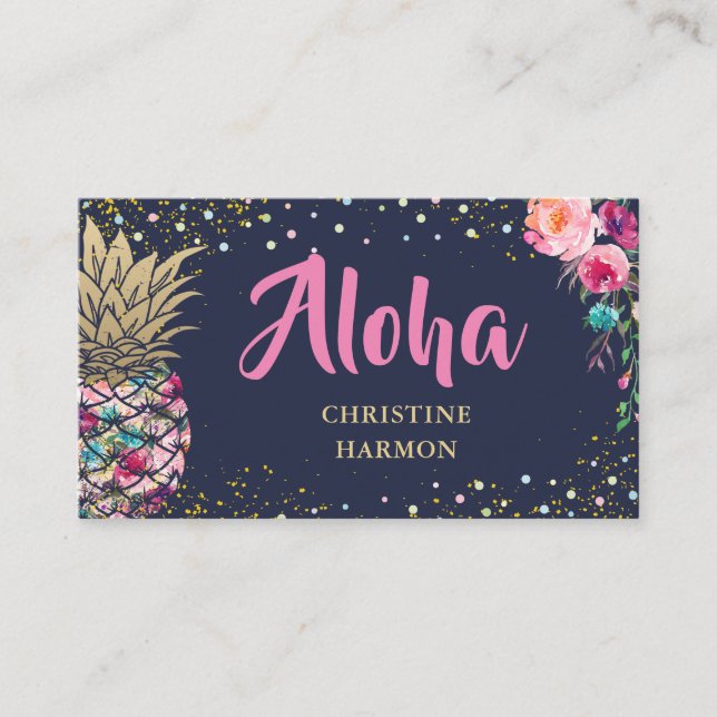 Carte De Visite Aiguille rose Tropical Floral Navy Bleu (Devant)