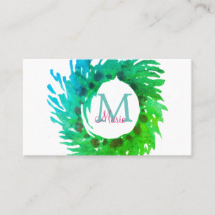 Carte De Visite Ajouter une couronne de Noël vert rose monogramme