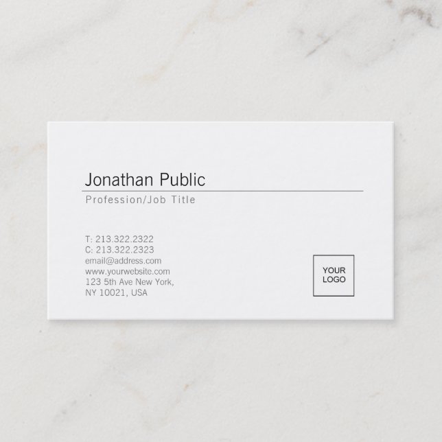 Carte De Visite Ajouter Votre Logo Elégant Blanc Minimal Design te (Devant)