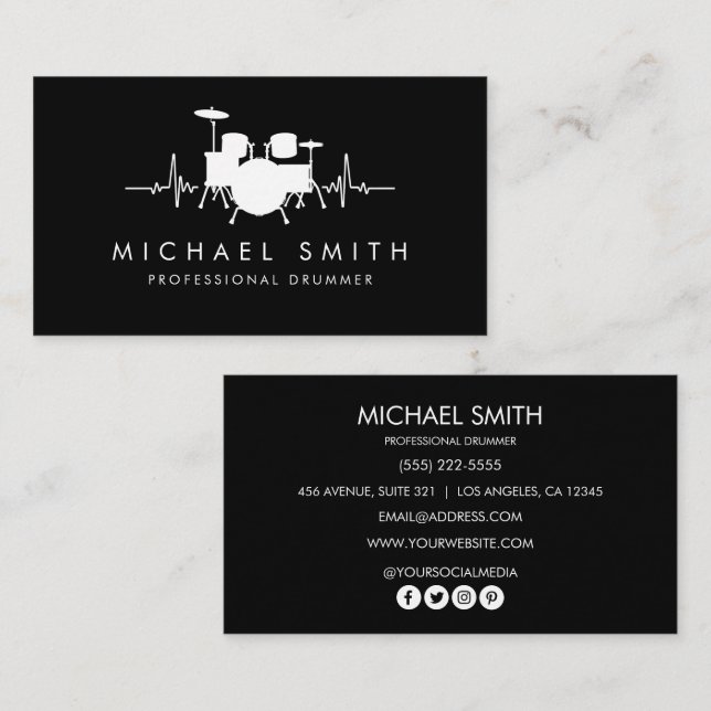 Carte De Visite Ajoutez votre logo personnalisé Drums Heartbeat Dr (Devant / Derrière)