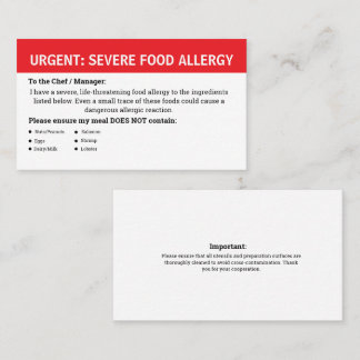 Carte De Visite Alerte d'allergie alimentaire multiple