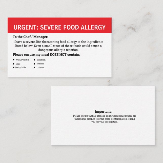 Carte De Visite Alerte d'allergie alimentaire multiple (Devant / Derrière)