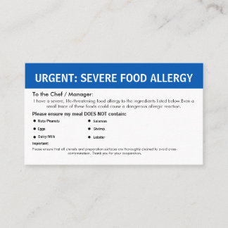 Carte De Visite Alerte d'allergie alimentaire multiple