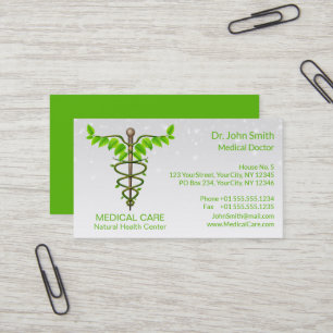 Carte De Visite Alternative Médicale Caduceus Vert Feuilles Blanc