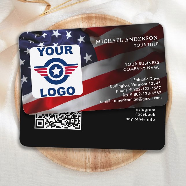 Carte De Visite American Flag Custom Logo QR Code Patriotique (Créateur téléchargé)