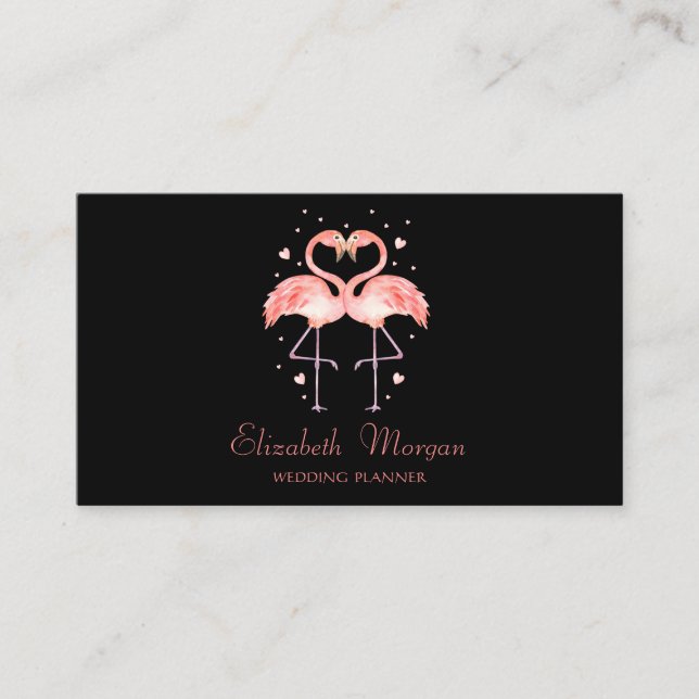 Carte De Visite Amour, Flamants roses Rose, Coeurs, Noir (Devant)