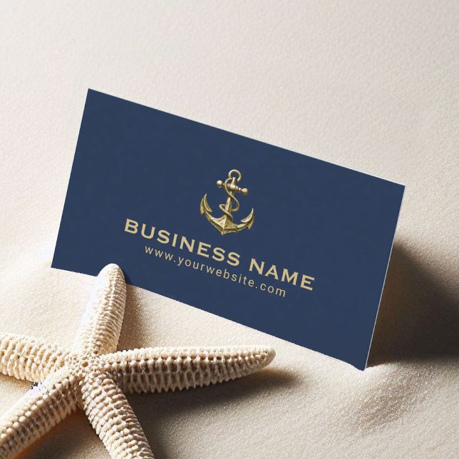 Carte De Visite Ancre de bateau en or nautique bleu marine (Créateur téléchargé)