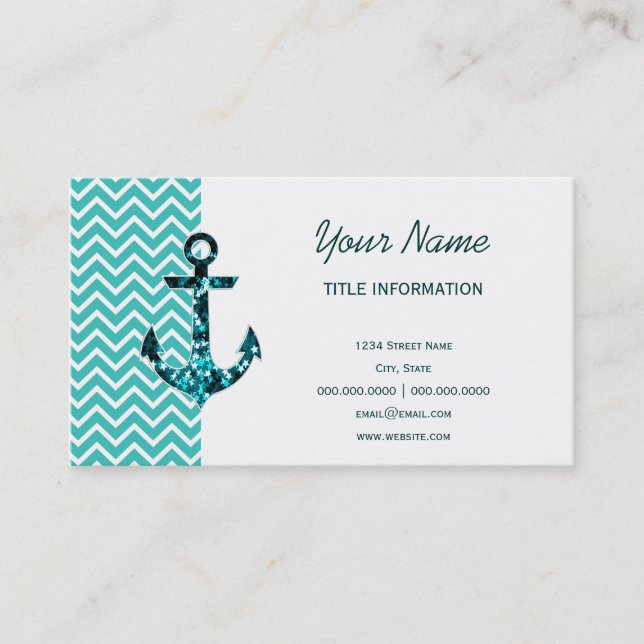 Carte De Visite Ancre nautique Turquoise et Turquouise Chevron (Devant)