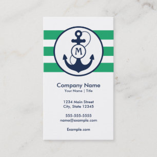 Carte De Visite Ancre nautique verte avec le monogramme