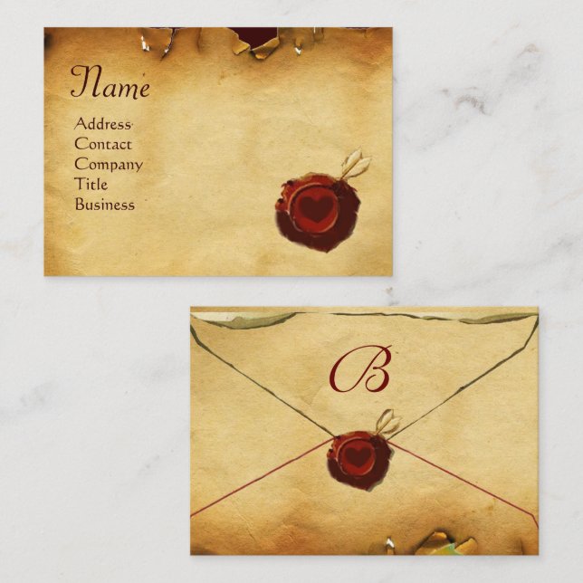 Carte De Visite ANGEL HEART RED WAX SEAL PARCHMENT Monogramme (Devant / Derrière)