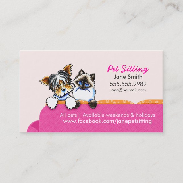 Carte De Visite Animal assis Yorkie avec Chat Canapé rose (Devant)