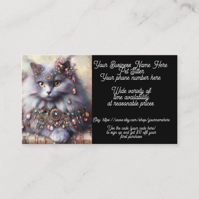 Carte De Visite Animaux de compagnie Sitter Whimsical Grey Kitty B (Devant)