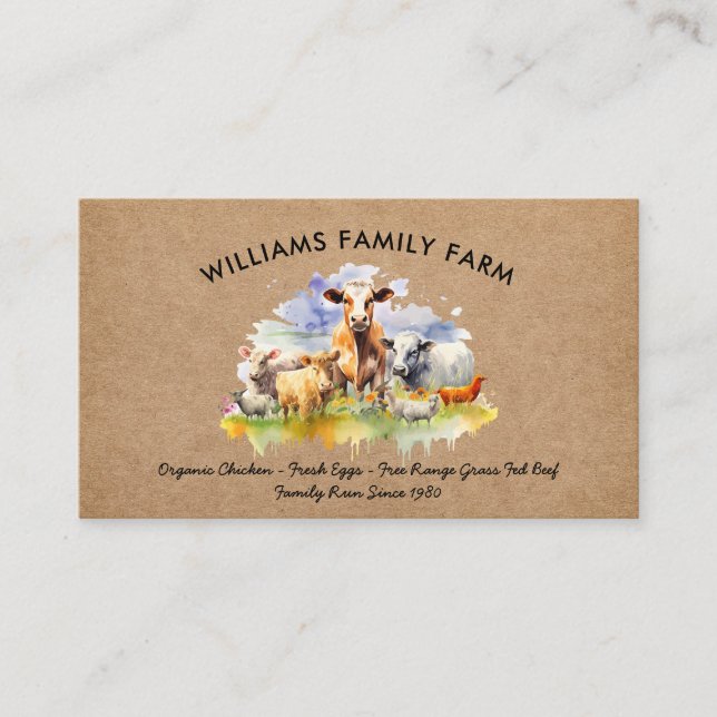 Carte De Visite Animaux de ferme rustiques Cow Cog Poulet Aquarell (Devant)