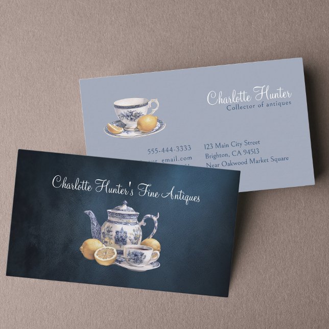 Carte De Visite Antique boutique Chinoiserie théière bleue citrons (Créateur téléchargé)