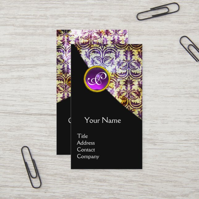 Carte De Visite ANTIQUE DAMASK PURPLE GEMSTONE MONOGRAS Noir (Devant/Arrière en situation)