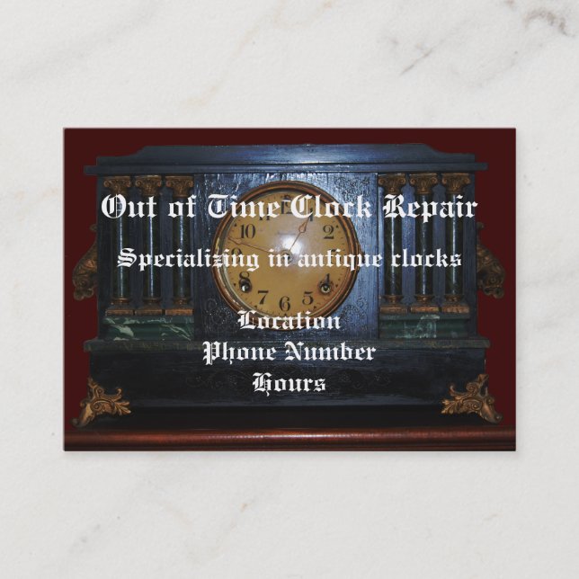 Carte de visite antique de réparation d'horloge (Devant)