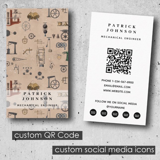 Carte De Visite Antique ingénierie mécanique scientifique QR Code (Antique Engineering Mechanical Scientific QR Code Business Card)