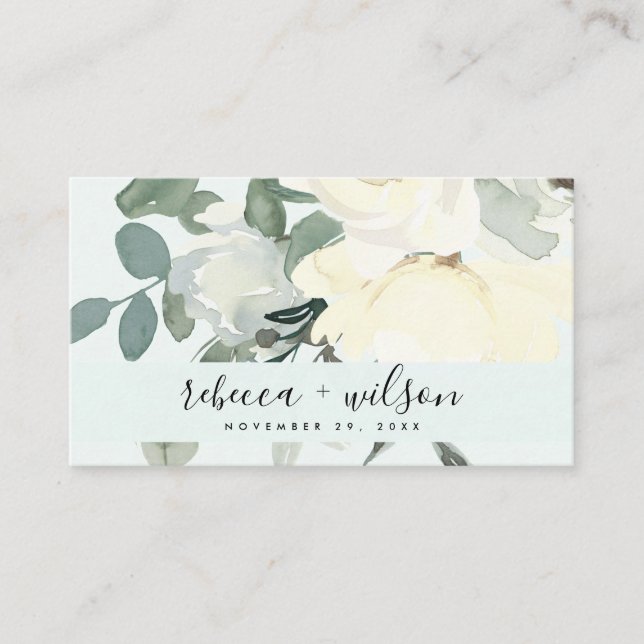 CARTE DE VISITE AQUA BLANC EN IVOIRE GRIS MERCI MARIAGE FLORAL (Devant)