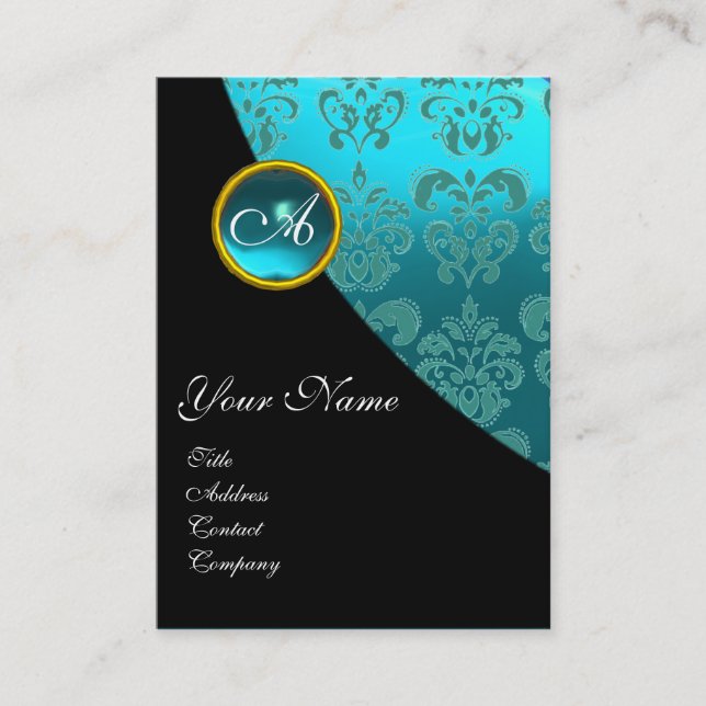 Carte De Visite AQUA BLEU AQUAMARINE DAMASK MONOGRAS turquase, Tur (Devant)