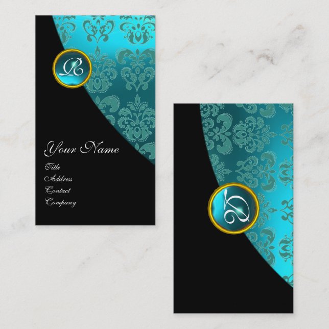 Carte De Visite AQUA BLUE DAMASK GEMSTONE MONOGRAS Turquoise noir (Devant / Derrière)