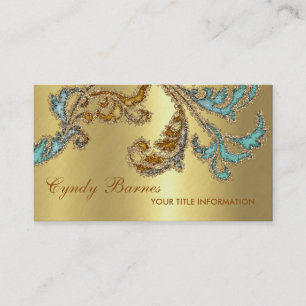 Carte De Visite Aqua et Bronze Glittery Damask Design