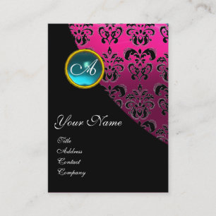 Carte De Visite AQUAMARINE BLEUE DAMASK MONOGRAM, rose fuchsia
