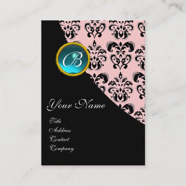 Carte De Visite AQUAMARINE BLEUE DAMASK MONOGRAS, turquase rose (Devant)