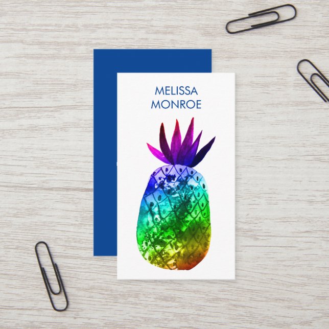 Carte De Visite Aquarelle à ananas tropicale Rainbow Business (Devant/Arrière en situation)