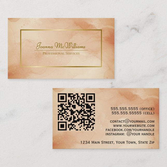 Carte De Visite Aquarelle Abstraite rouille et code QR or (Devant / Derrière)