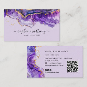 Carte De Visite Aquarelle Agate Violet paillettes d'or & Code QR