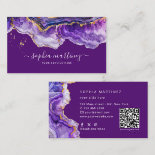 Carte De Visite Aquarelle Agate Violet paillettes d'or et code QR
