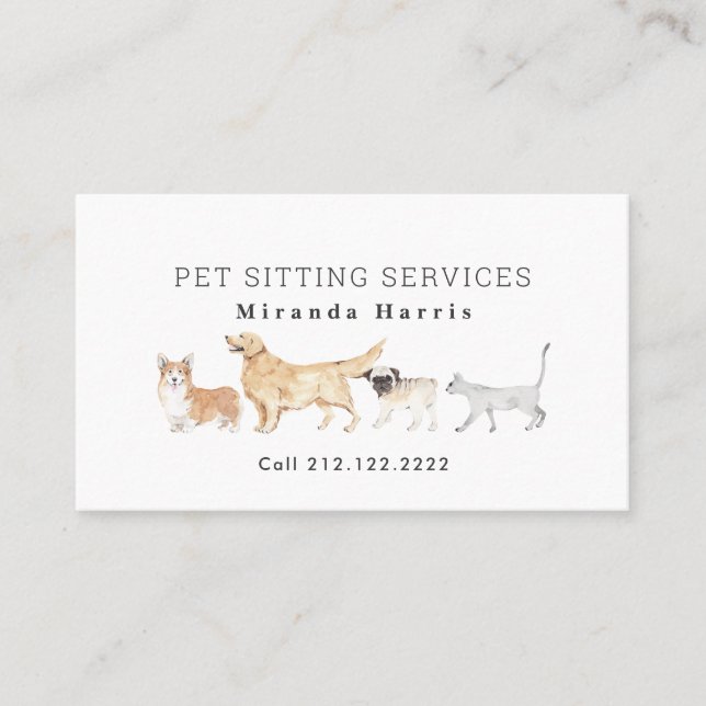 Carte De Visite Aquarelle Animaux Animaux Animaux de compagnie Sit (Devant)