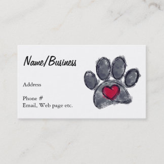 Carte De Visite Aquarelle Black Chien Empreinte de patte Red Heart