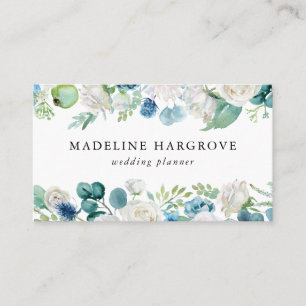 Carte De Visite Aquarelle Bleu et Blanc Floral Garland