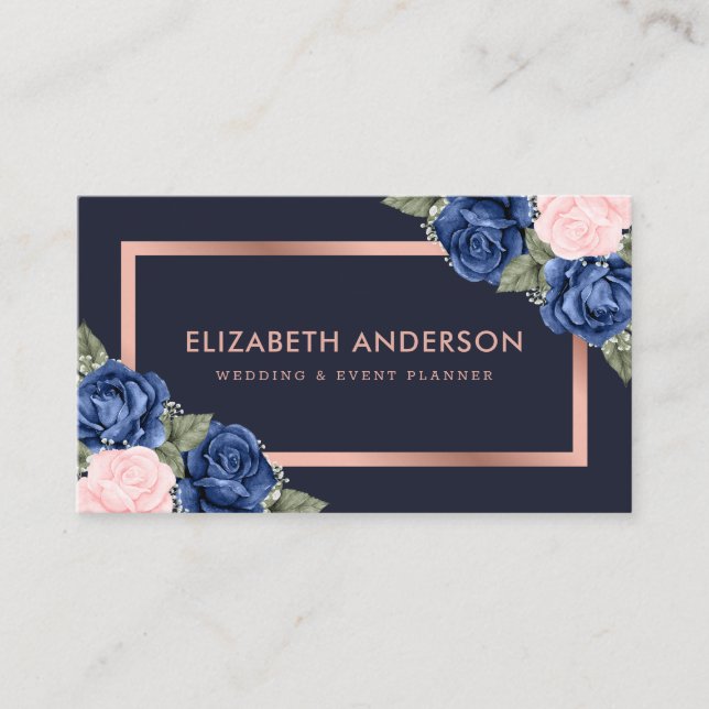 Carte De Visite Aquarelle bleu marine Rose or Floral (Devant)