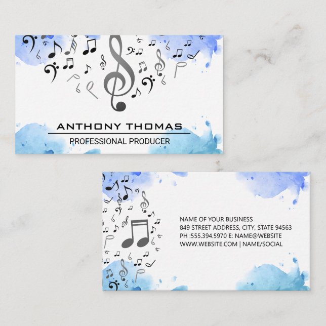 Carte De Visite Aquarelle bleu | Notes musicales (Devant / Derrière)