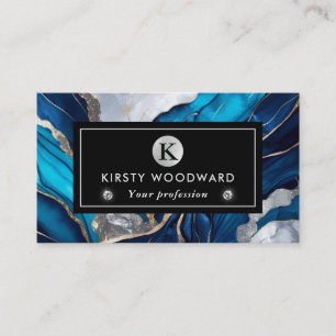 Carte De Visite Aquarelle bleu profond, encre alcoolique argent et