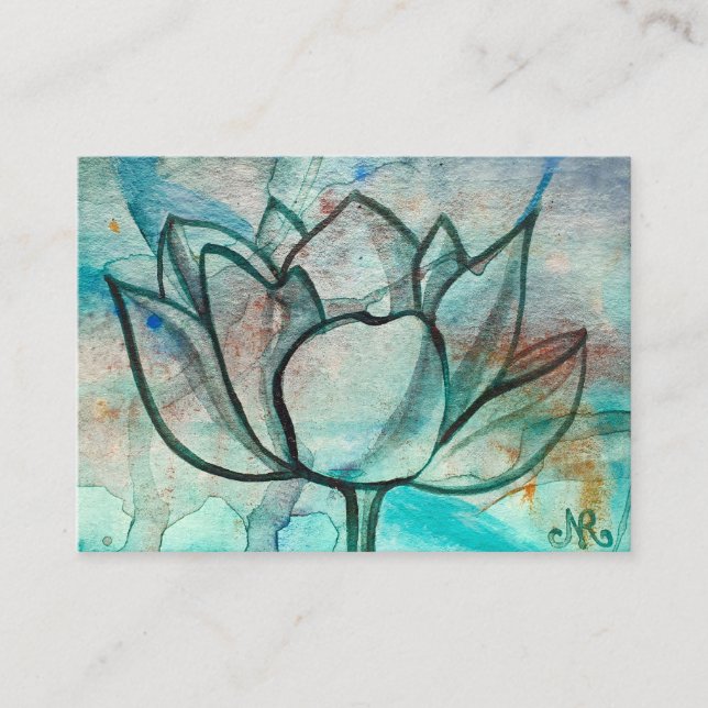 Carte De Visite Aquarelle bleu turquoise Fleur élégant Artsy Lotus (Devant)