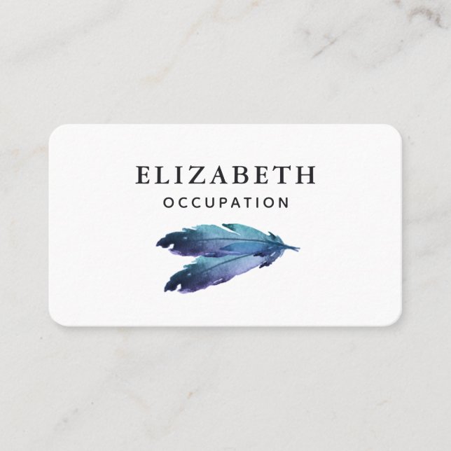 Carte De Visite Aquarelle bleu vert deux plumes minimum (Devant)