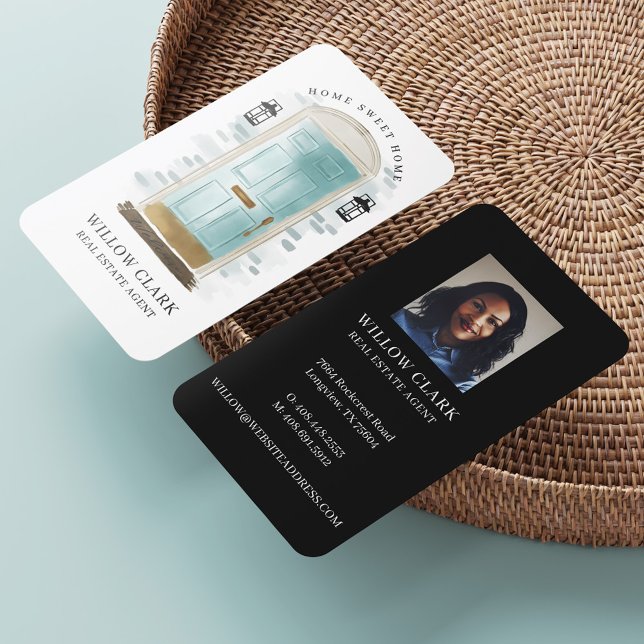 Carte De Visite Aquarelle bleue Agent immobilier de porte avant (Créateur téléchargé)