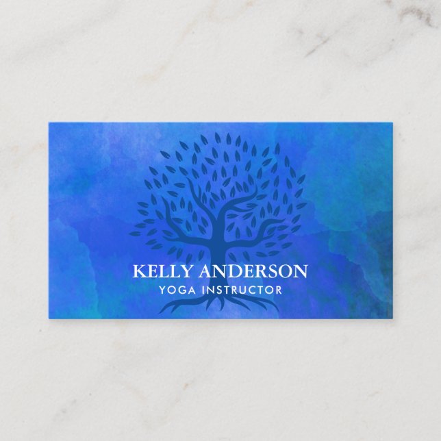 Carte De Visite Aquarelle bleue élégante d'arbre de la vie (Devant)