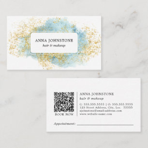 Carte De Visite Aquarelle bleue et code QR or Rendez-vous