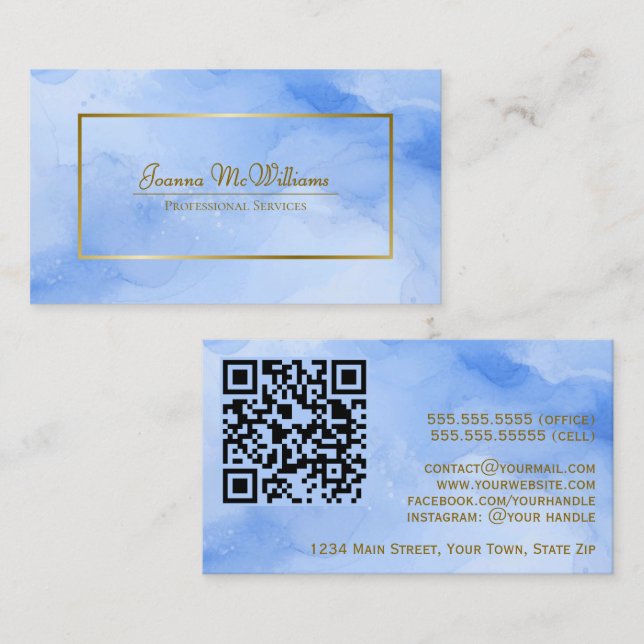 Carte De Visite Aquarelle bleue et code QR professionnel Gold (Devant / Derrière)
