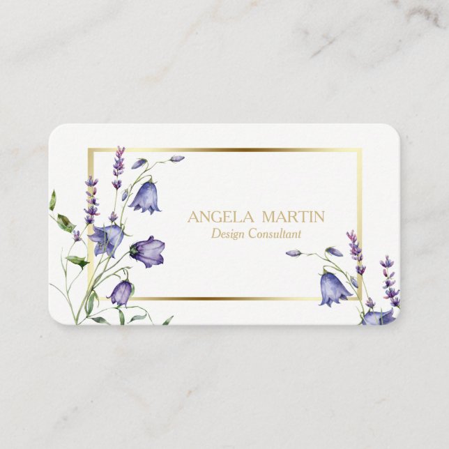 Carte De Visite Aquarelle Bluebell Floral Gold Frame Professional (Devant)